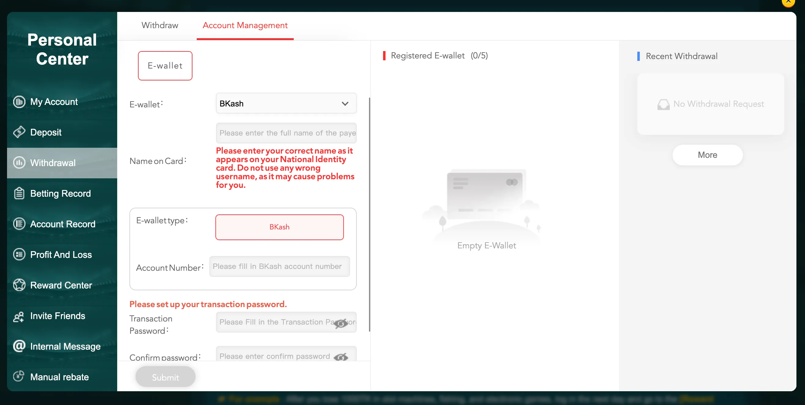 Adding EK333 withdrawal wallet