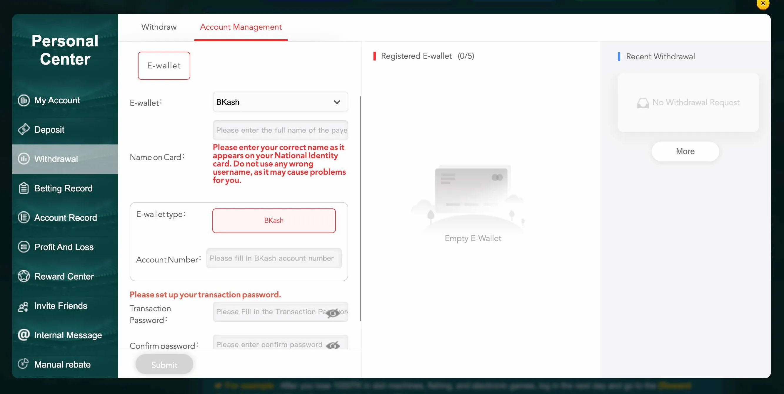 EK333 withdrawal ওয়ালেট যোগ করা